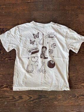 White Short Sleeve Graphic Tee with Brown Retro Icons